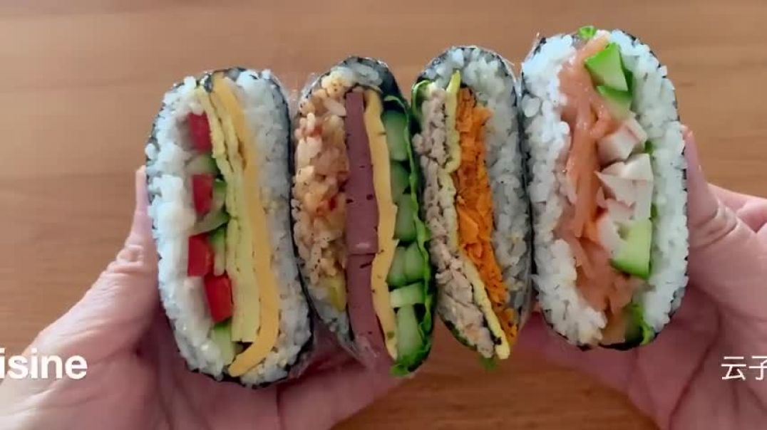 ⁣Folded Kimbap   Sushi Sandwich, Onigirazu   Easy Bento Box Lunch Ideas   Ticktock Wrap Hack   紫菜包饭