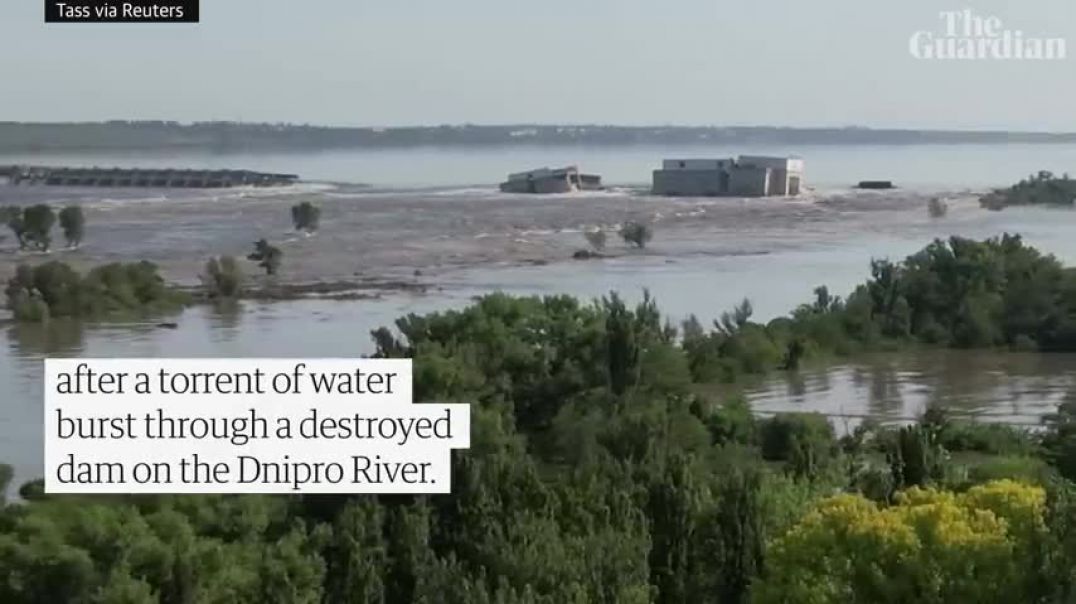 ⁣Drone footage shows extent of flood in Russia-controlled Ukrainian town after dam collapse
