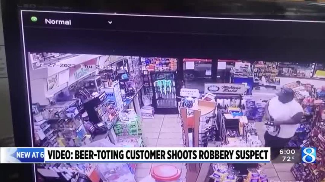 ⁣Video Beer-toting customer shot at robbery suspect 7 times